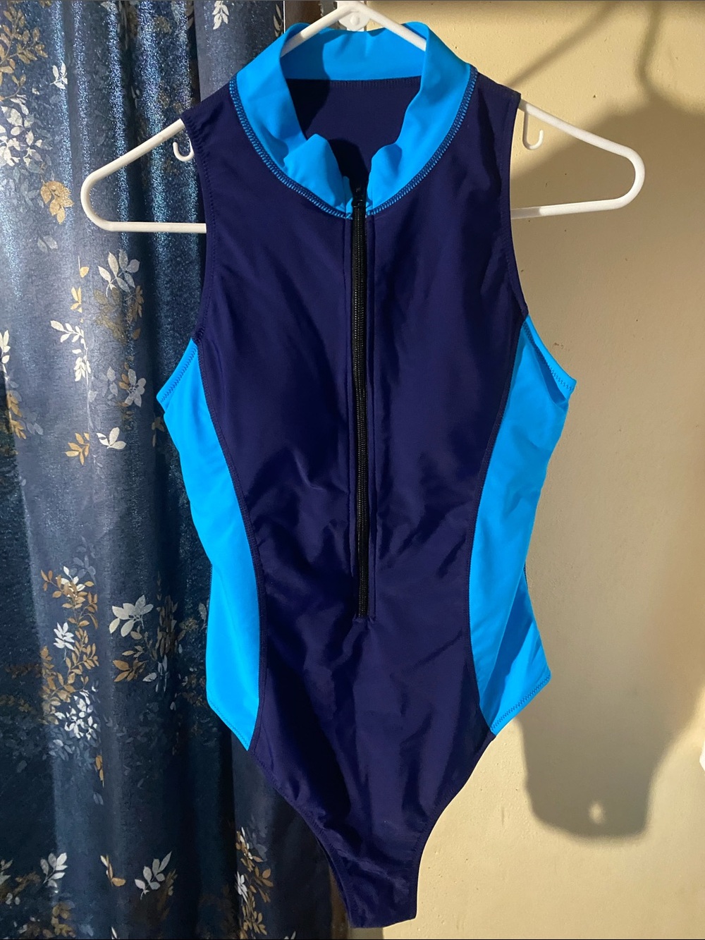 Navy and Bright Blue Zip-Front One-Piece Swimsuit